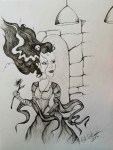 Ink drawing woman bride of frankenstein monster