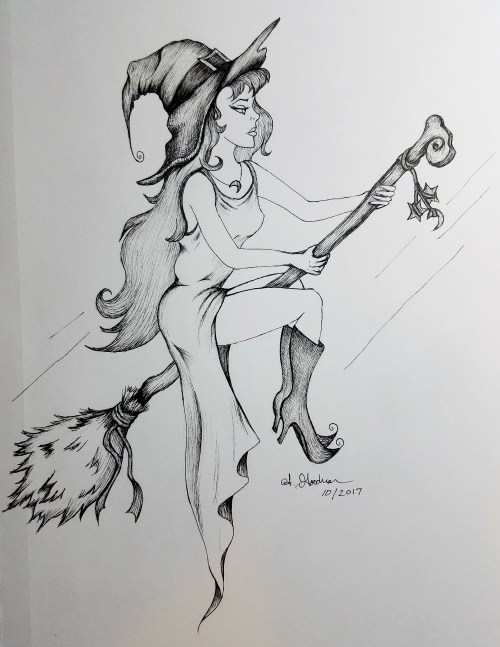 Ink drawing witch in flight