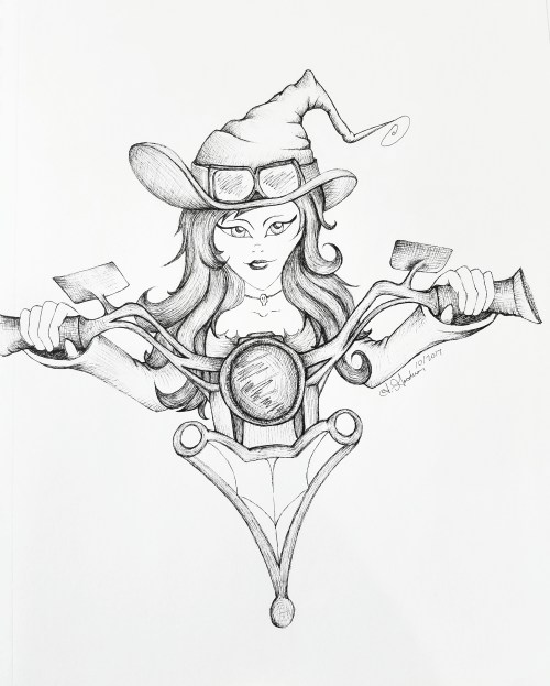 Biker Witch ink drawing Inktober Day 4