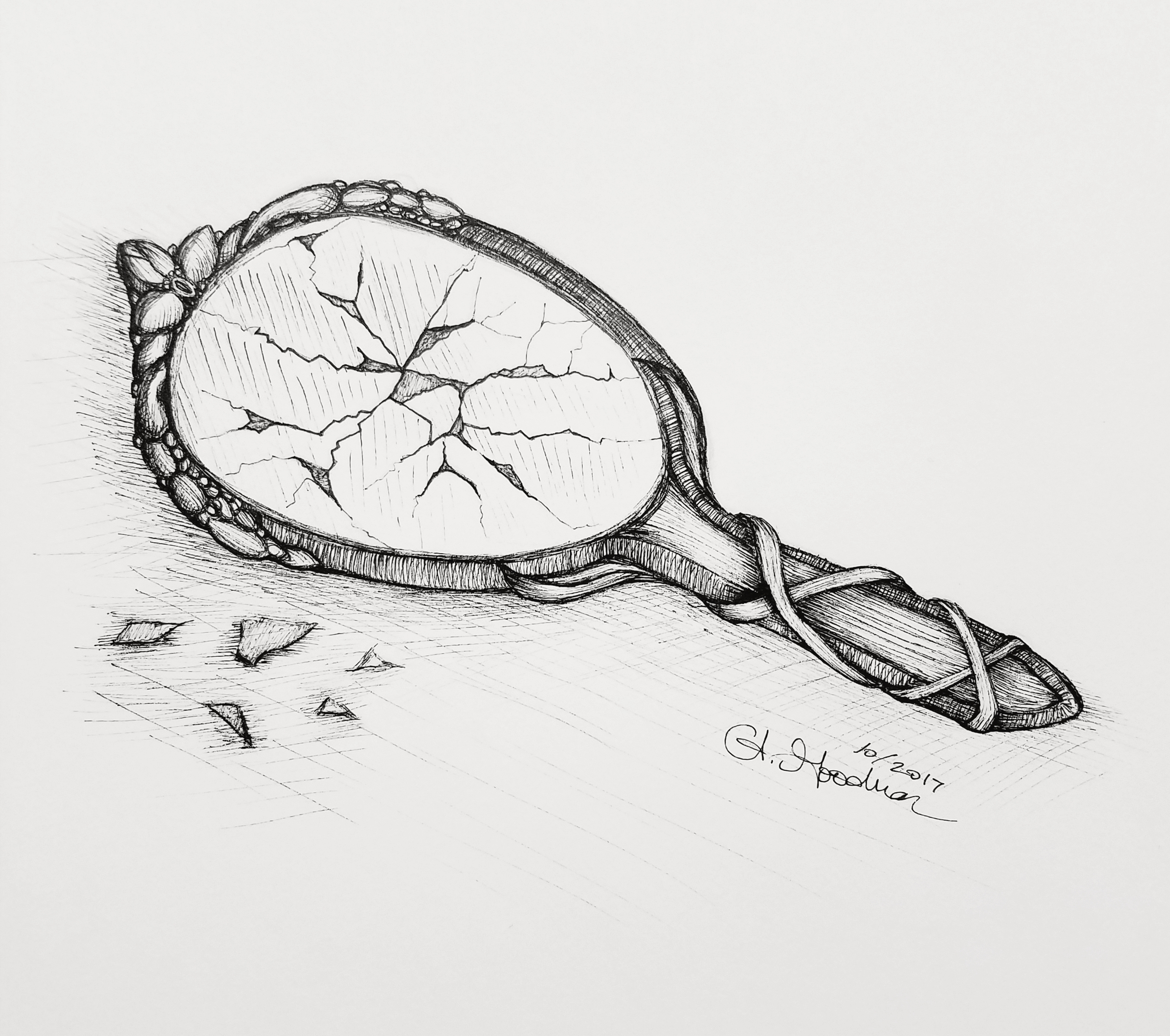 Inktober Day 12 Shattered Mirror ink drawing
