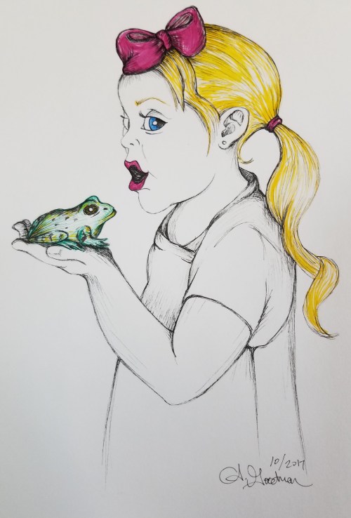 Inktober Day 17 Toadsday girl just kissed a toad alecia goodman color ink drawing