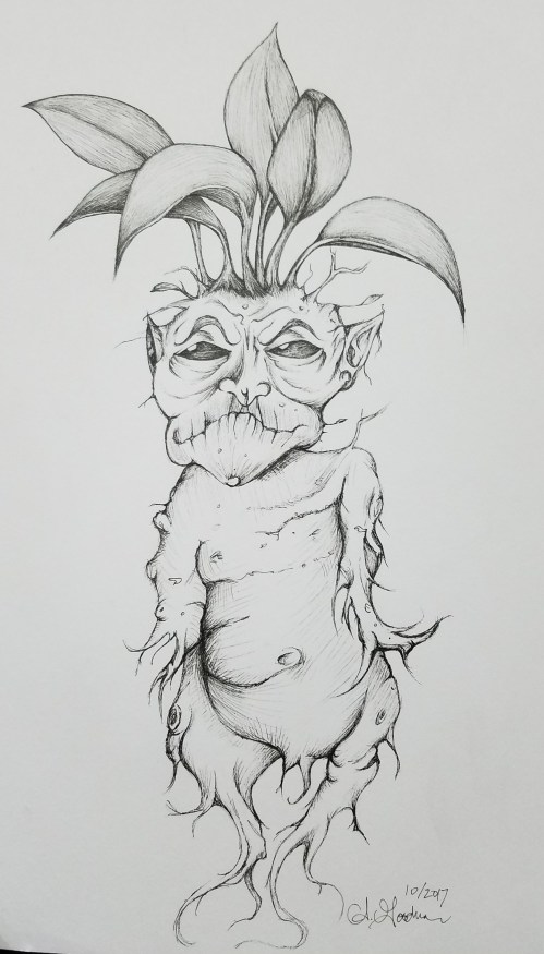 Inktober Day 22 Mandrake Root ink drawing 2017 by alecia goodman