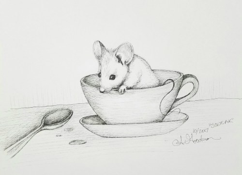 Inktober Day 26 Squeak mouse in teacup ink drawing2017 by alecia goodman