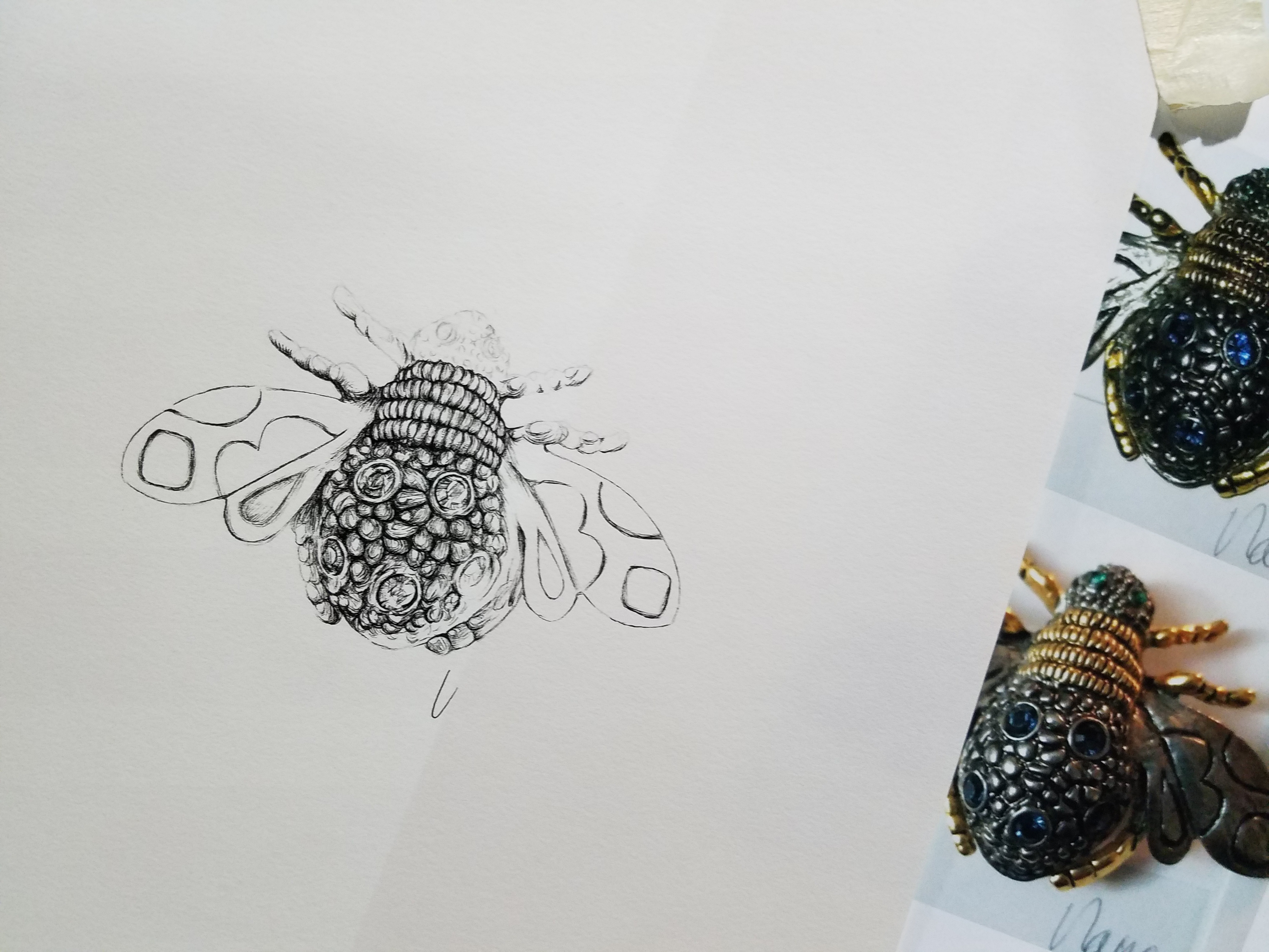 Queen Bee Brooch Ink drawing WIP ©2018 alecia goodman to present