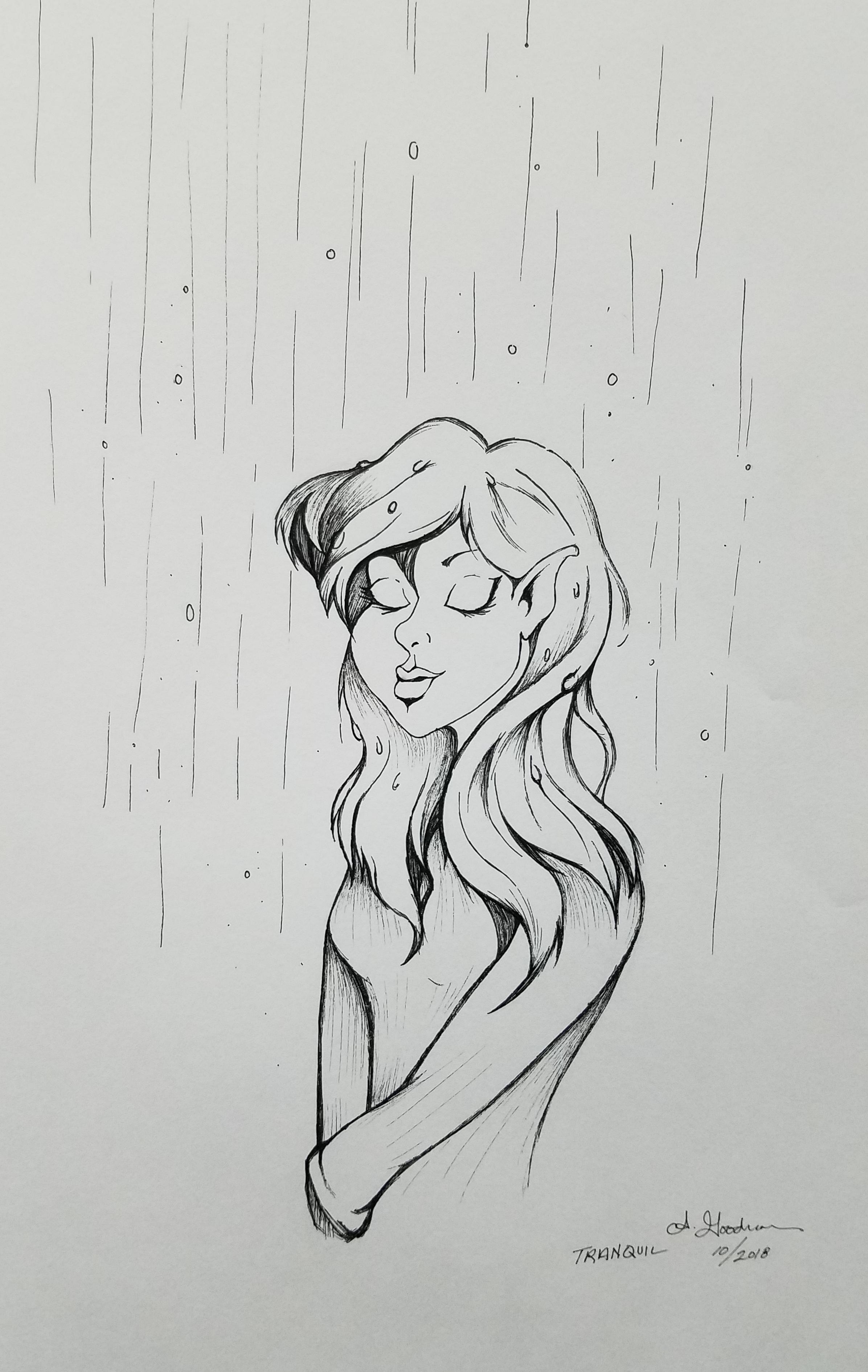 Female elf in rain ink drawing 2018 inktober day 2 by Alecia Goodman
