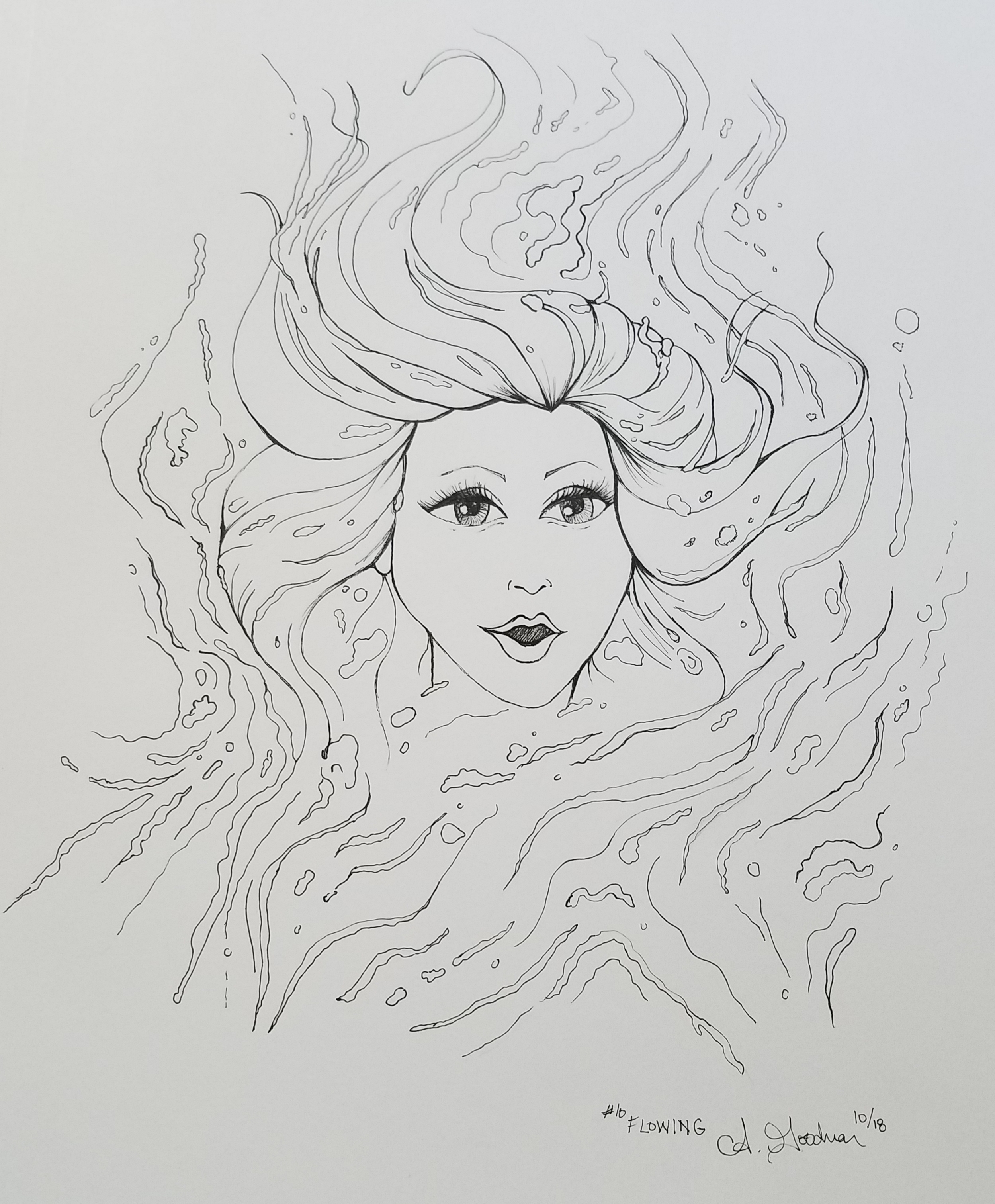 2018 Inktober Day 10 Flowing drawing of girl in water by alecia goodman to present