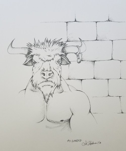 20018 Inktober Day 13 Guarded ink drawing of Minotaur by alecia goodman