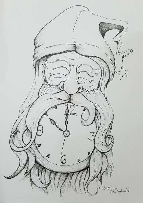 2018 Inktober Day 14 Clock ink drawing of Father Time by alecia goodman