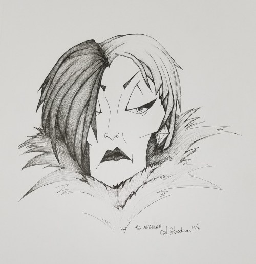 2018 Inktober Day 16 Angular Cruella de Vil ink drawing by alecia goodman