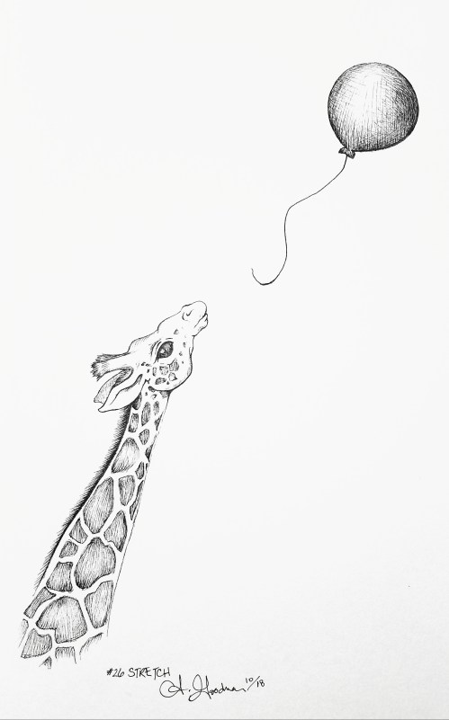 2018 Inktober Day 26 Stretch drawing of giraffe with balloon by alecia goodman