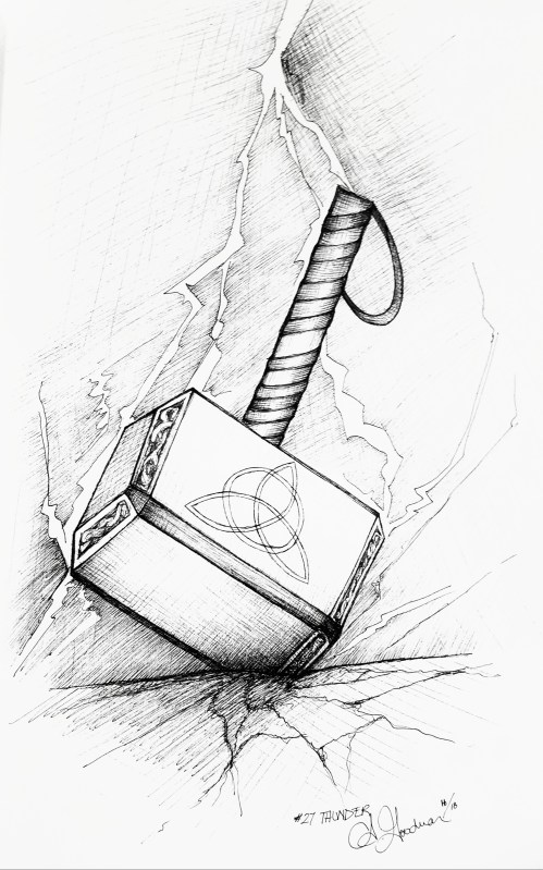 2018 Inktober Day 27 Thunder drawing of Thor's hammer by alecia goodman