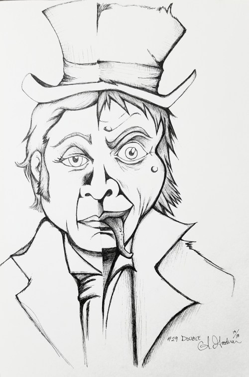 2018 Inktober Day 29 Double ink drawing of Doctor Jekyll and Mister Hyde by alecia goodman to present