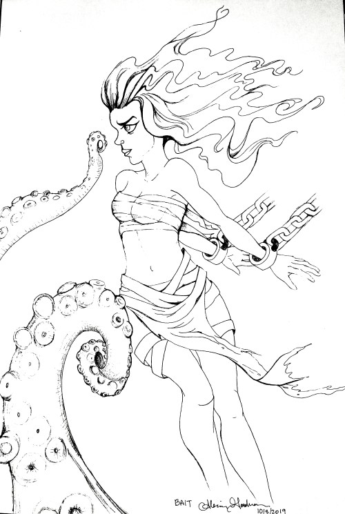 Inktober day 3 drawing of a woman as Bait for Kraken by Alecia Goodman