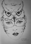 Ink drawing woman wearing owl headdress by Alecia Goodman