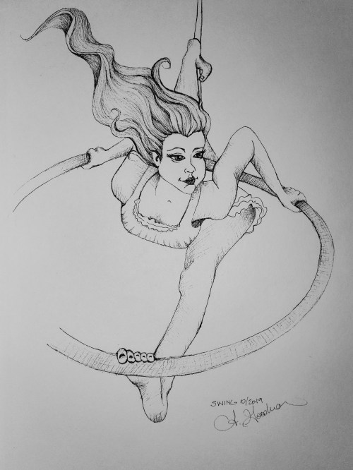 Ink drawing of woman aerial artist by Alecia Goodman