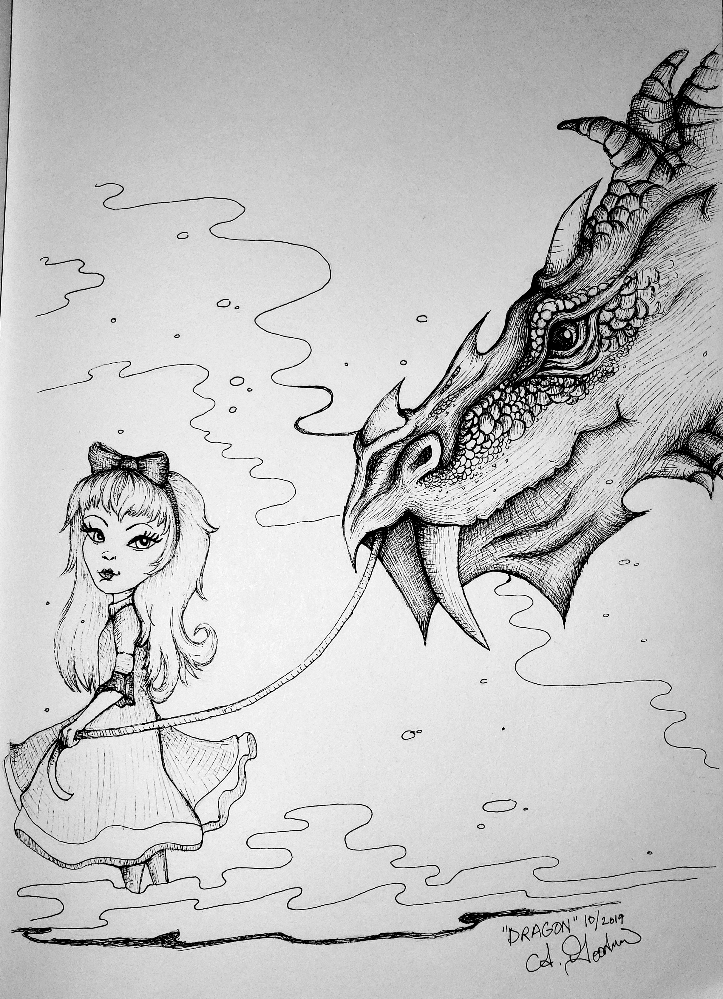 Ink drawing of a girl and dragon by Alecia Goodman