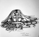 Lady of the lake ink drawing by Alecia Goodman