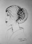 Ink drawing of woman wearing hair ornament by Alecia Goodman