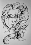 Ink drawing of woman crying and hair embracing her face by Alecia Goodman