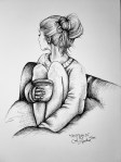 Ink drawing of woman cozy in a blanket drinking tea looking away with messy bun by Alecia Goodman
