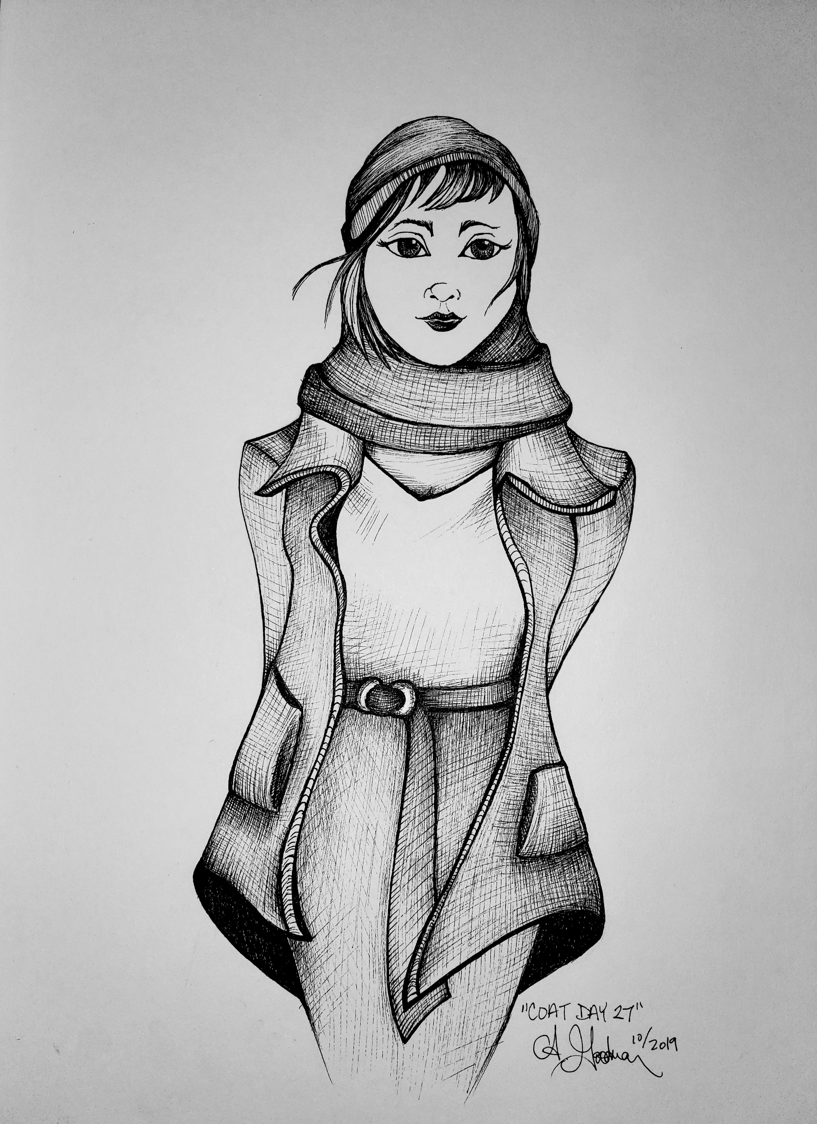 Woman wearing open coat, cowl, and beanie ink drawing by Alecia Goodman