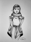 Woman wearing open coat, cowl, and beanie ink drawing by Alecia Goodman