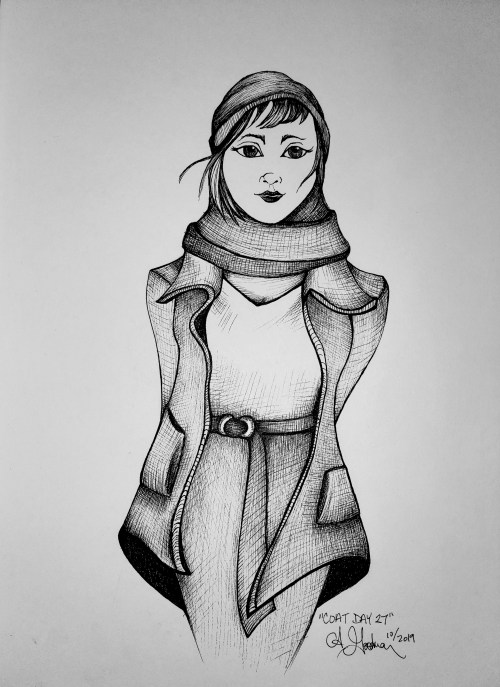 Woman wearing open coat, cowl, and beanie ink drawing by Alecia Goodman