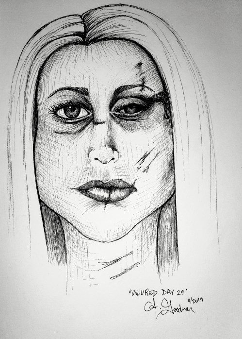 Ink drawing of a beaten woman's face by Alecia Goodman
