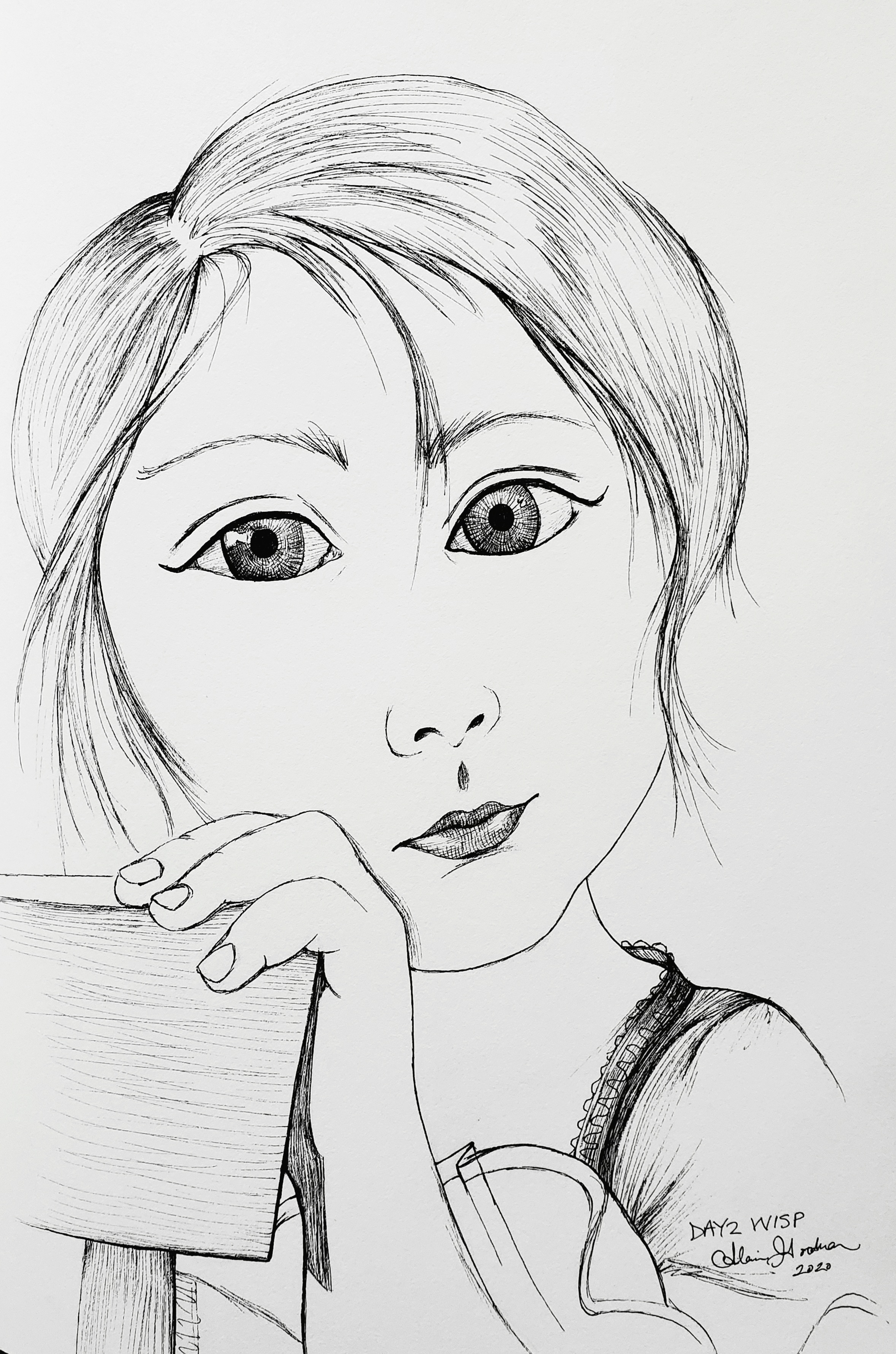 Ink drawing of girl by Alecia Goodman 2020