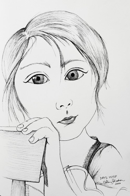 Ink drawing of girl by Alecia Goodman 2020