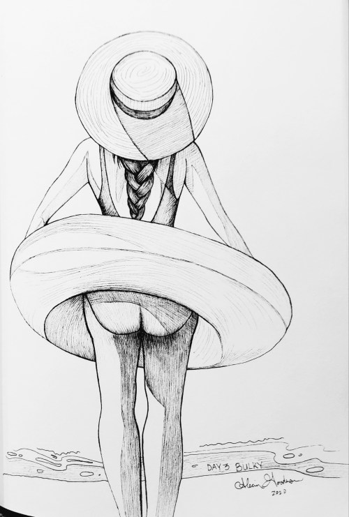 Inktober Day 3 Bulky ink drawing beach ready girl with inner tube 2020 alecia goodman to present