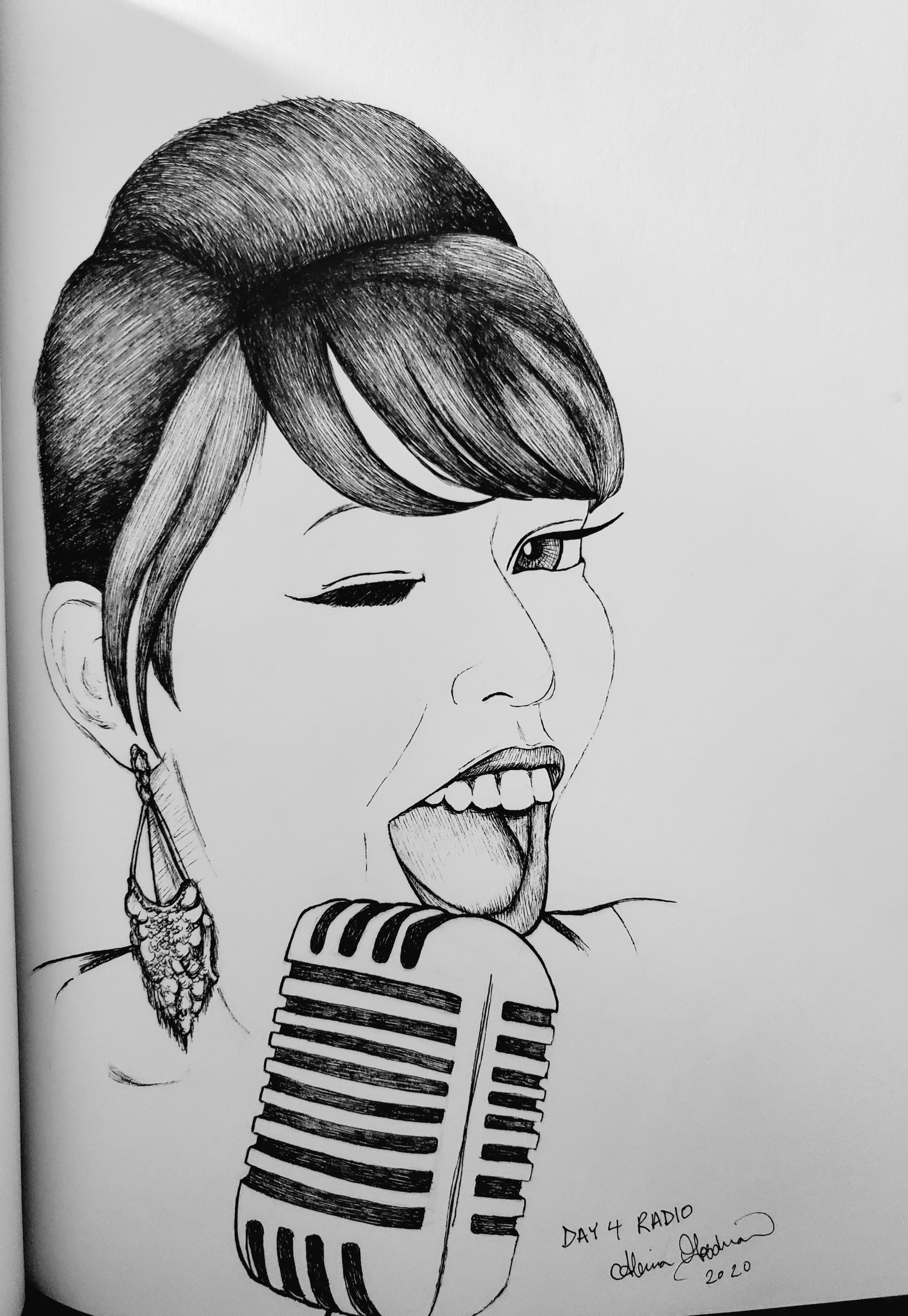 Inktober Day 4 Radio 2020 vintage microphone woman singing ink drawing by alecia goodman to present