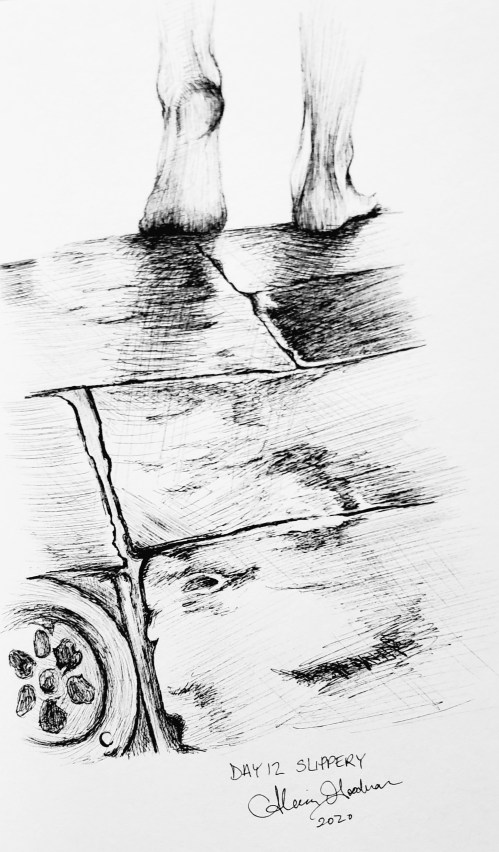 Inktober Day 12 Slippery ink drawing wet tile drain and bare feet alecia goodman to present