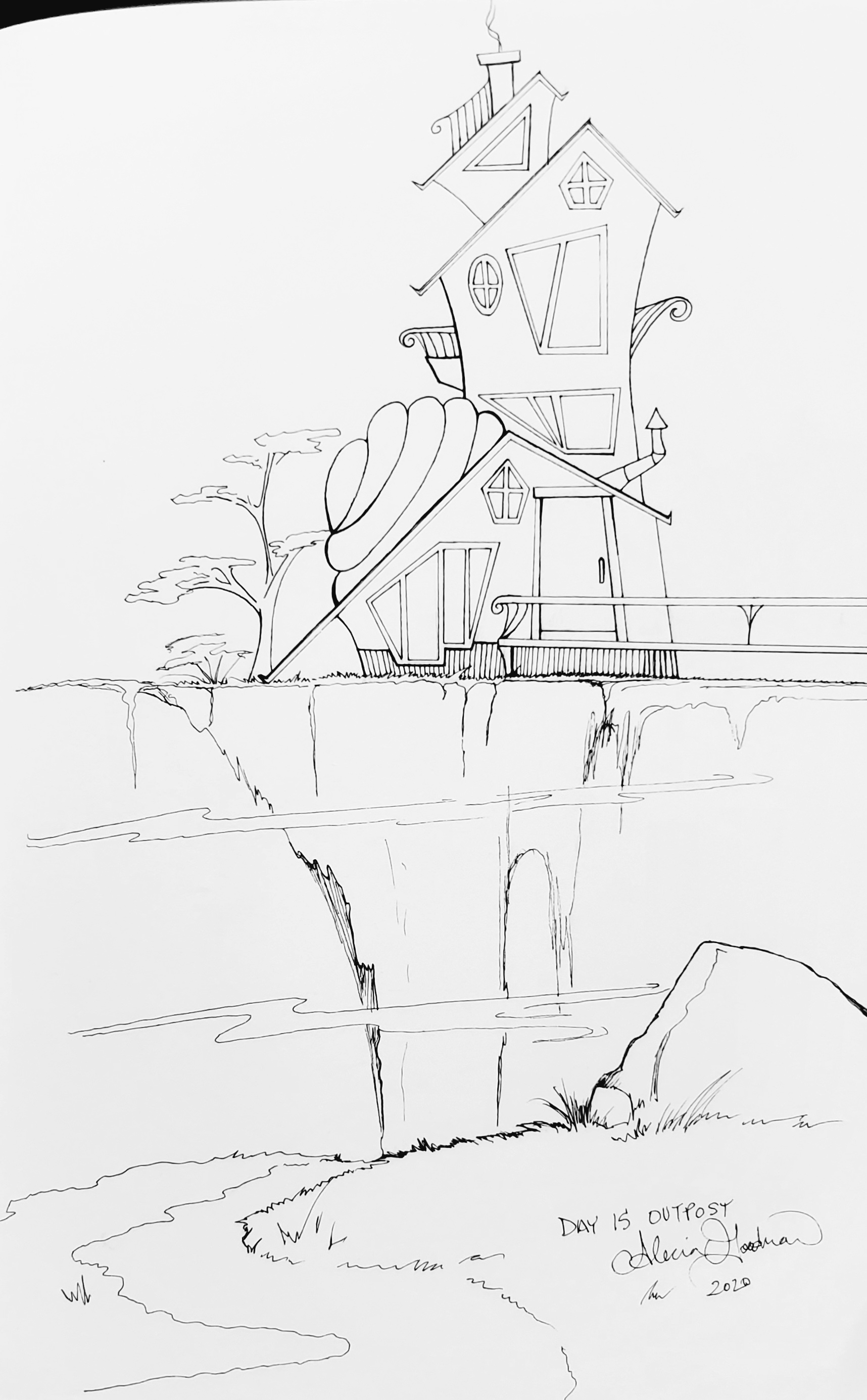 Inktober Day 15 Outpost ink drawing of whimsical house on an impossible rock by alecia goodman 2020 to present