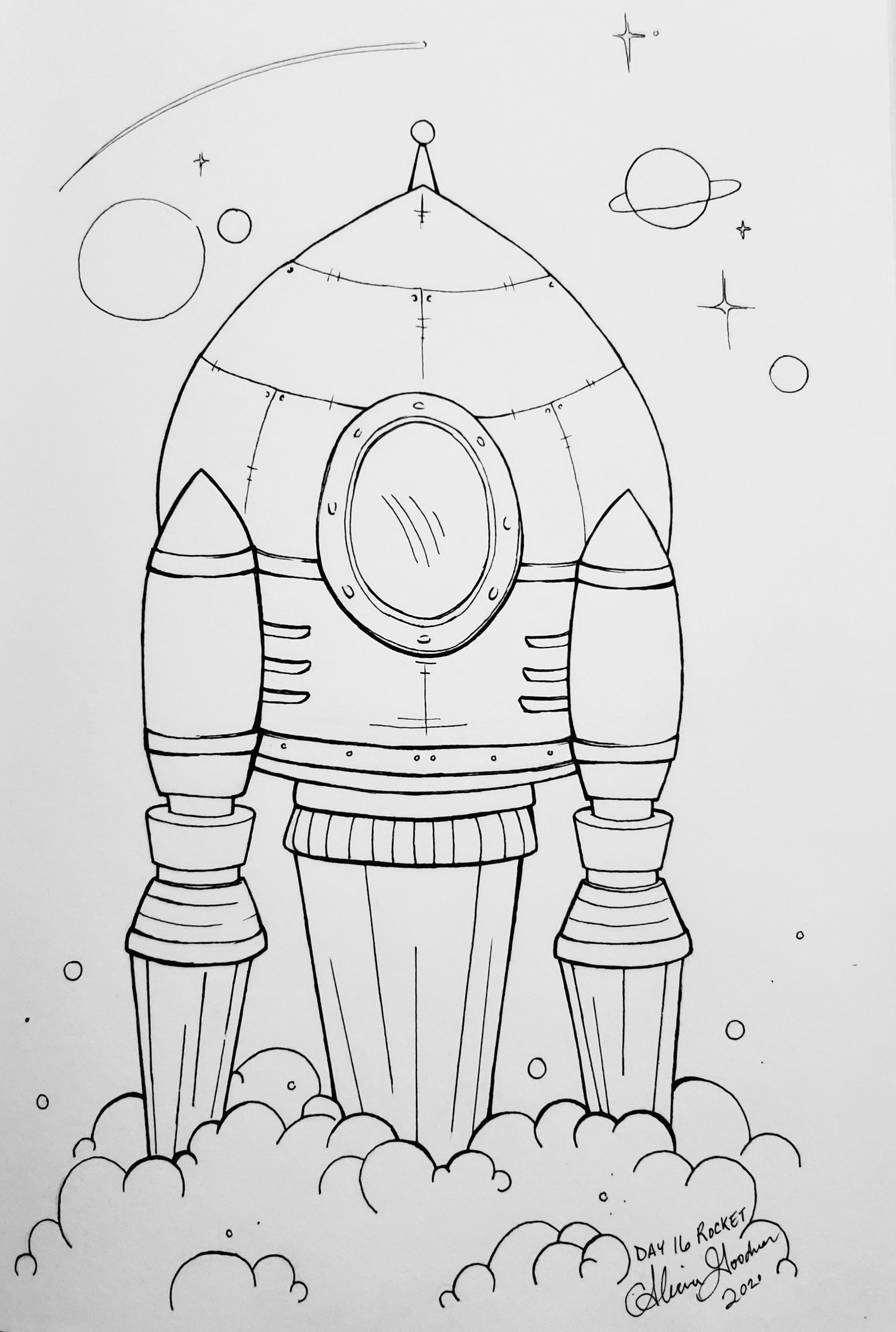 Inktober Day 16 Rocket taking off ink drawing alecia goodman 2020 to present