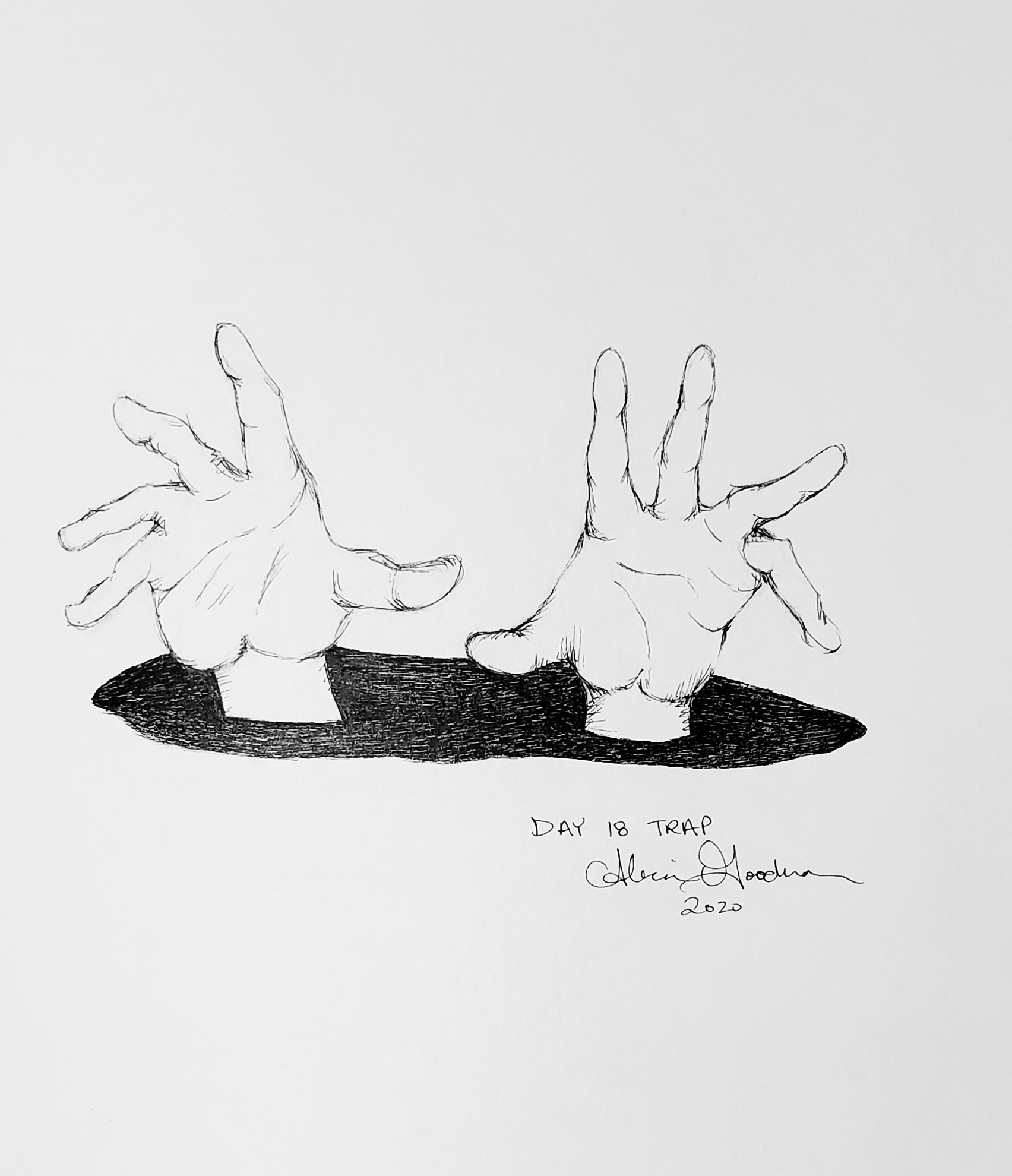 Inktober Day 18 Trap ink drawing of hands by alecia goodman 2020 to present