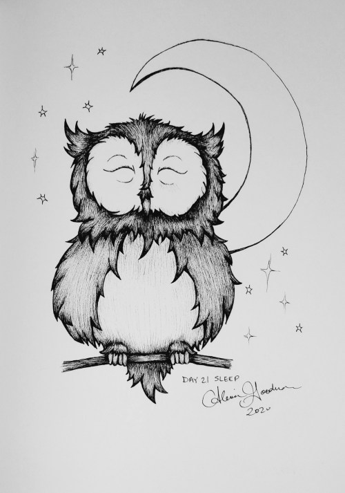 Inktober Day 21 Sleeping owl ink drawing by alecia goodman 2020 to present