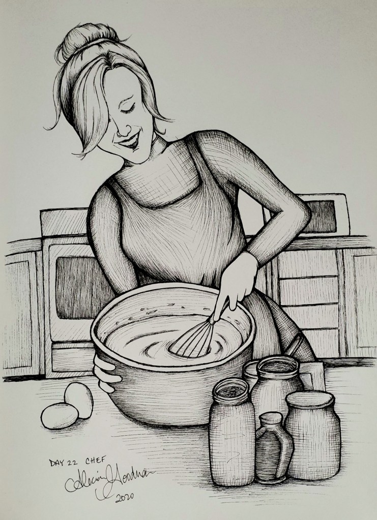 Inktober Day 22 Chef mixing batter ink drawing by alecia goodman 2020 to present