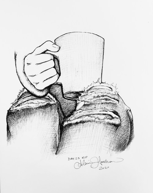 Inktober Day 23 Ripped jeans with hand holding coffee mug ink drawing by alecia goodman 2020 to present