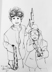 “Inktober Day 25 Buddy ink drawing of boy with goggles and snake and girl with fedora, sunglasses, and nerf gun both wearing suit jackets alecia goodman to present