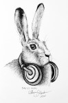 Inktober Day 27 Music ink drawing of hare wearing headphones around neck by alecia goodman 2020 to present