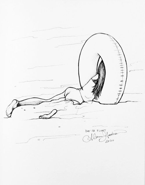 Inktober Day 28 Float ink drawing of girl with inner tube held vertically with her upper body through hole by alecia goodman 2020 to present