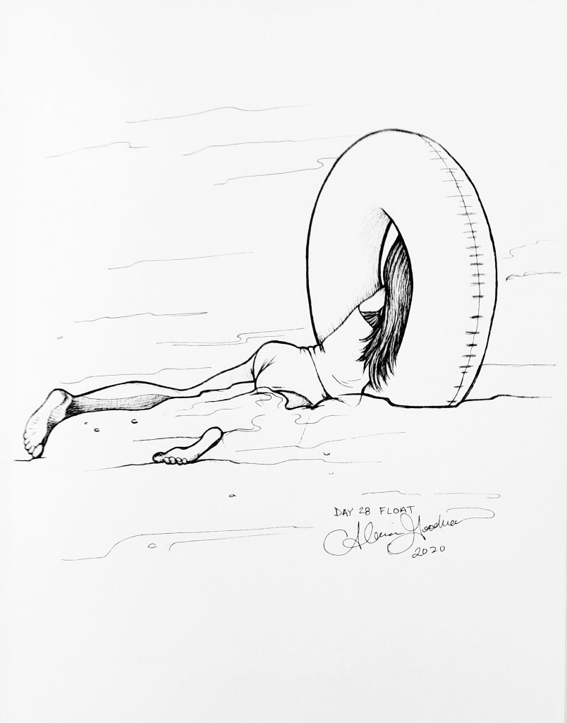 Inktober Day 28 Float ink drawing of girl with inner tube held vertically with her upper body through hole by alecia goodman 2020 to present