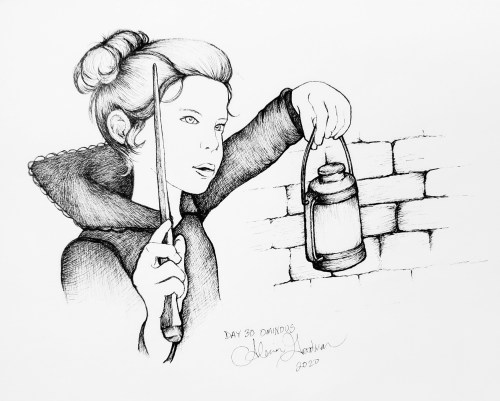 Inktober Day 30 Ominous ink drawing of girl with wand and lantern making her way along a stone wall by alecia goodman 2020 to present