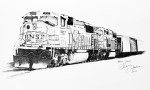 Inktober Day 31 Crawl ink drawing of train engines and cars by alecia goodman 2020 to present