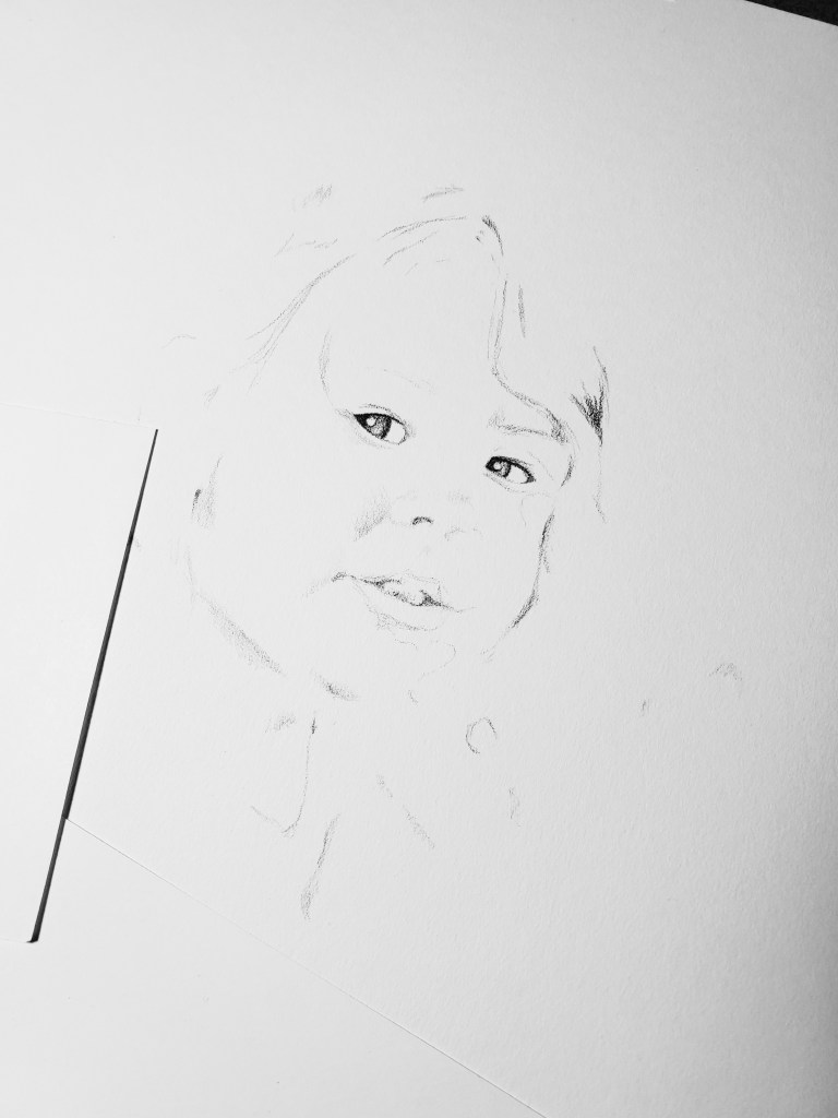 Toddler being kissed by gray tabby cat portrait drawing by alecia goodman copyright 2021 to present