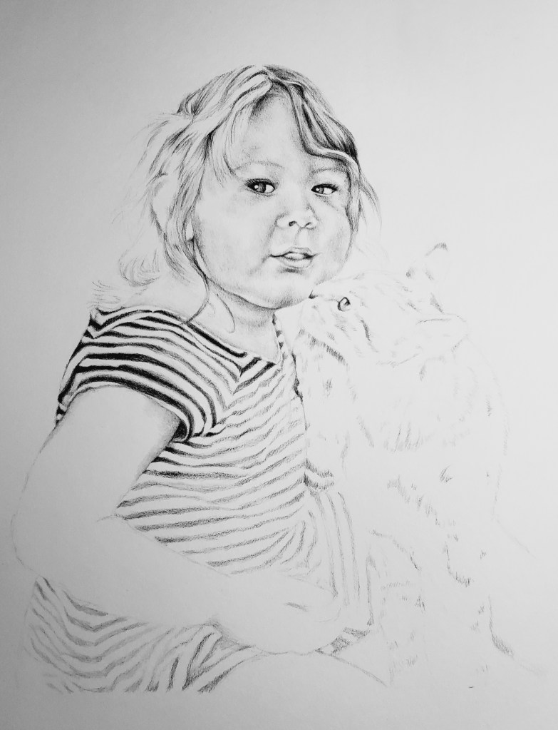 Toddler girl kissed by tabby cat pencil drawing by alecia goodman copyright 2021