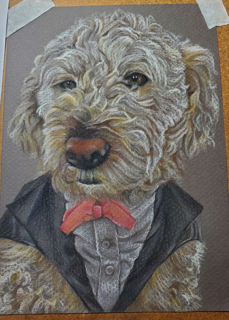Doodle dog wear a Tuxedo costume with bow full color drawing by alecia goodman copyright 2022 to present