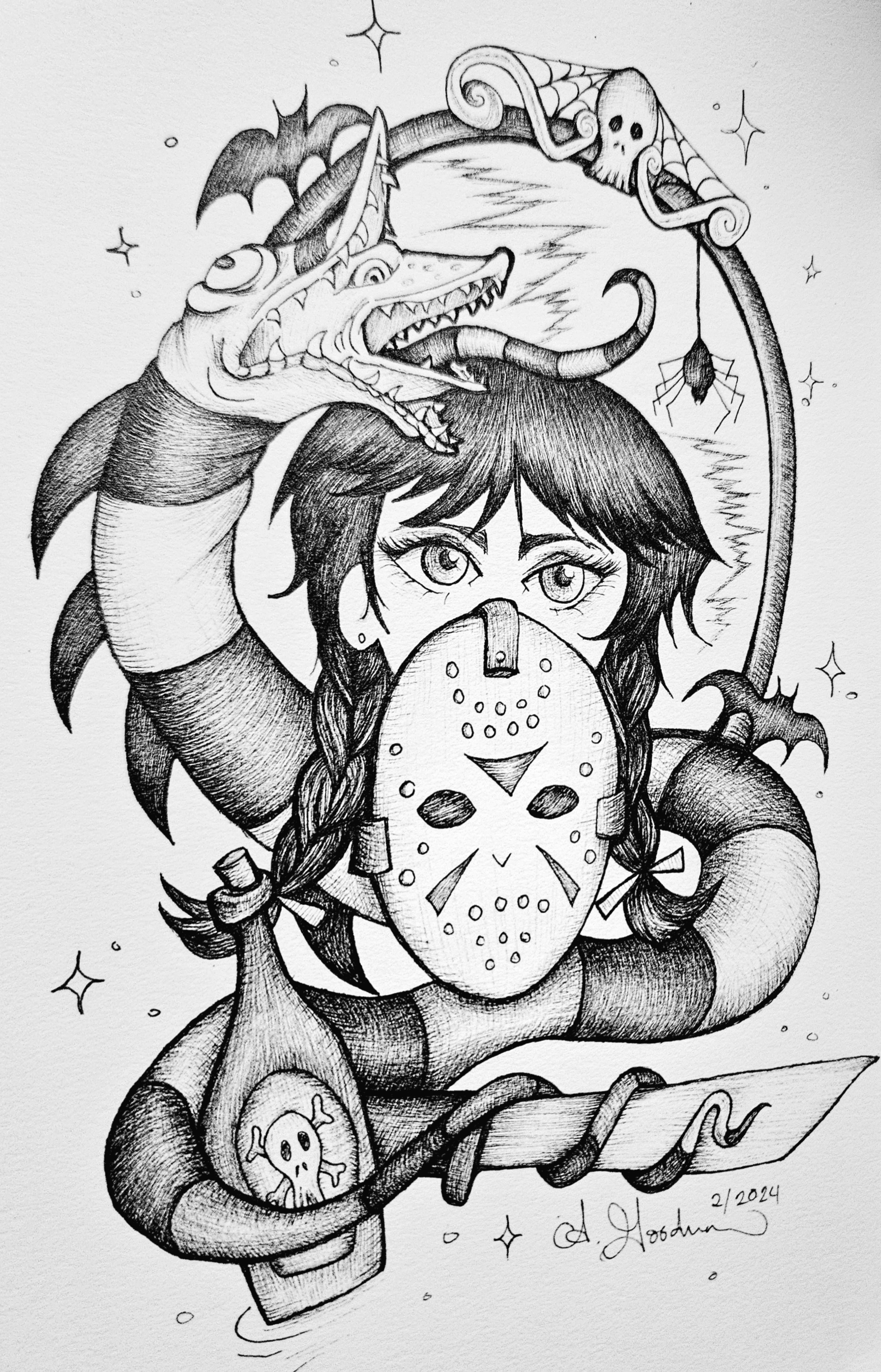 Wednesday with Jason hockey mask , wrapped by a Beetlejuice Sandworm ink drawing by alecia goodman copyright 2024 to present